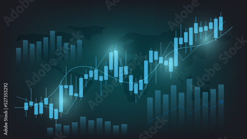 economy situation concept. Financial business statistics with bar graph and candlestick chart show stock market price and currency exchange on dark green background