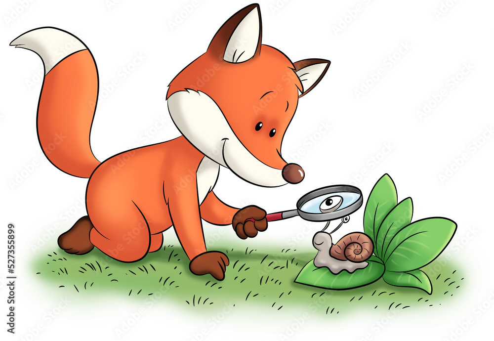 Fototapeta premium Ein niedlicher Fuchs untersucht eine Schnecke mit einem Vergrößerungsglas