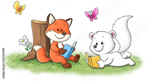 Ein Fuchs und ein Polarfuchs entspannen und lesen in der Natur