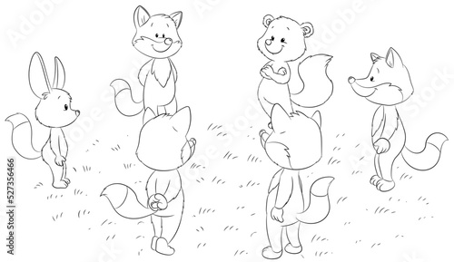 Verschiedene Füchse stehen sich in einem Kreis gegenüber