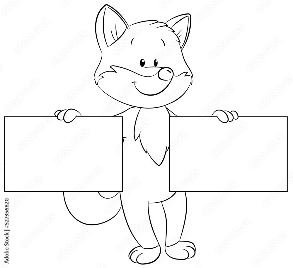 Fototapeta premium Ein niedlicher Fuchs mit zwei leeren Schildern in den Pfoten