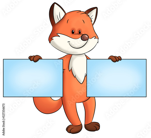 Ein niedlicher Fuchs mit zwei leeren Schildern in den Pfoten