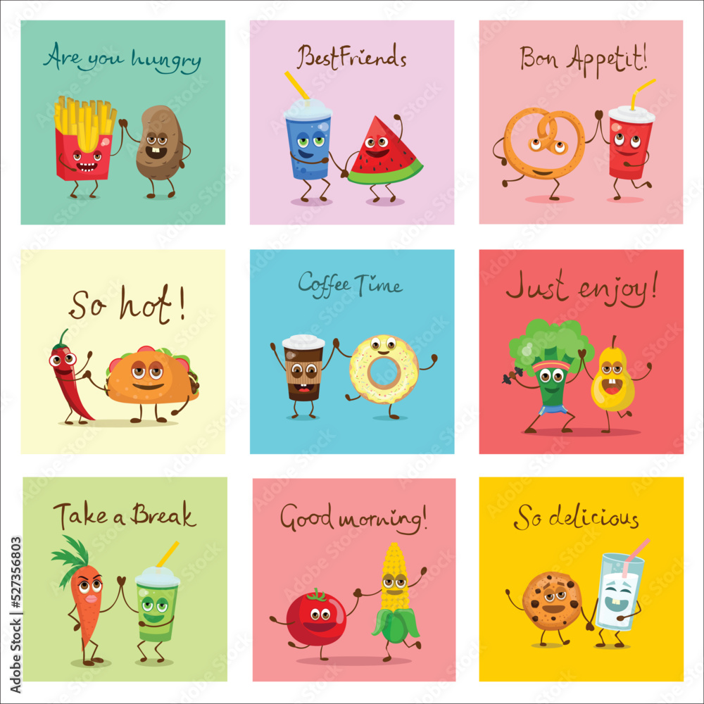Obraz premium Cute funny food and drink characters set, best friends, funny fast food menu vector Illustrations. Flat vector illustration use for web page, card, poster, banner.