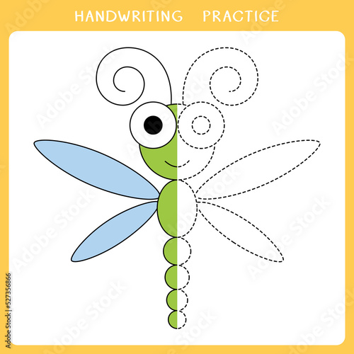 Handwriting practice sheet. Simple educational game for kids. Vector illustration of cute dragonfly for coloring book