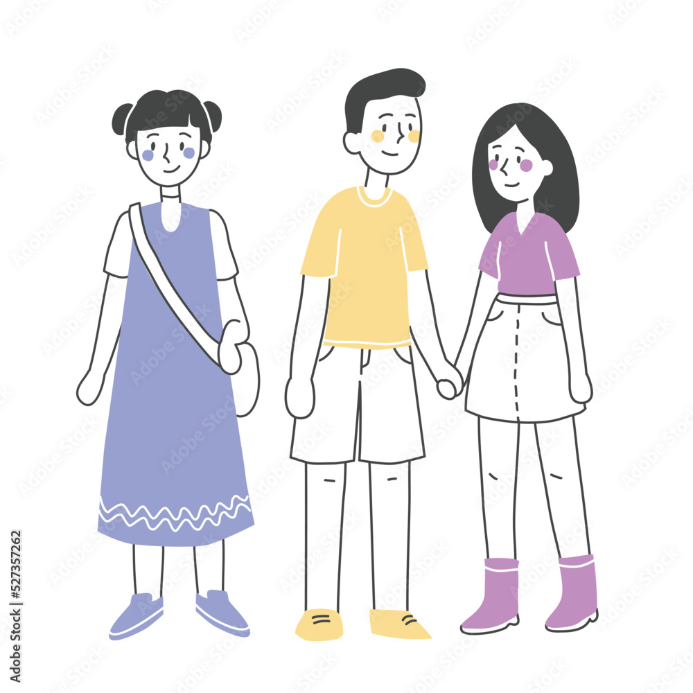 Set of teenagers wearing stylish clothes with telefone,skates and bags. Group of male and female cartoon characters dressed in trendy clothing. Flat vector illustration.