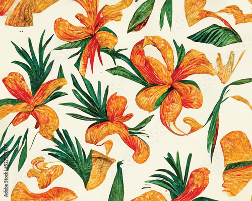 A beautiful floral pattern in a blue and orange color scheme. The flowers and leaves are colorful and give off a summery vibe. Vector.