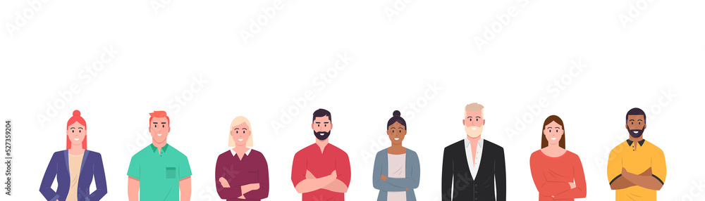 Obraz Conjunto de personas. Hombres y mujeres de pie. Grupo de personas estilo moderno de dibujos animados fototapeta, plakat