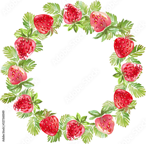 Strawberry wreath. Watercolor clipart