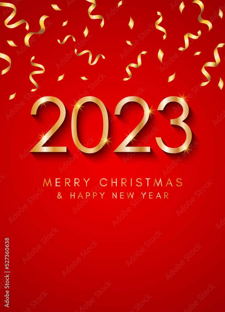 2023 Happy New Year greeting card. Christmas tree on a red background. Vector Illustration.