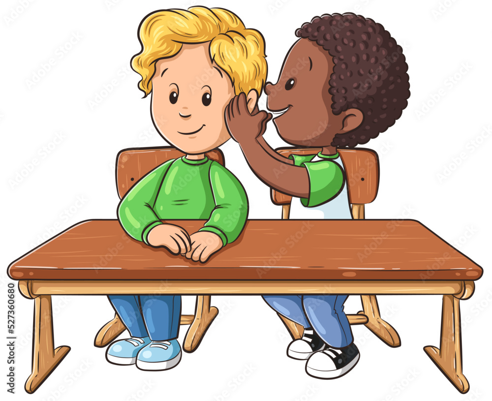 Ein Junge flüstert einem anderen Jungen während des Unterrichts etwas ins Ohr - Vektor Illustration Ein Junge flüstert einem anderen Jungen während des Unterrichts etwas ins Ohr - Vektor Illustration