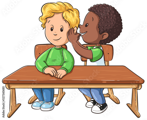 Ein Junge flüstert einem anderen Jungen während des Unterrichts etwas ins Ohr - Vektor Illustration