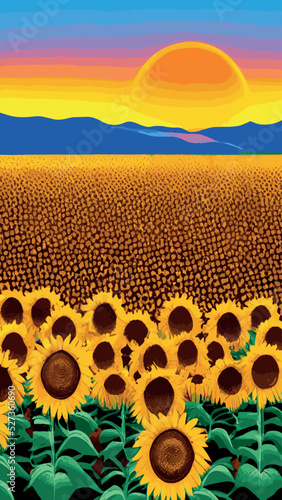 Landscape Of Sunflower fields And blue Sky clouds Background.Sunflower fields landscapes on a bright sunny day with patterns formed in natural background.