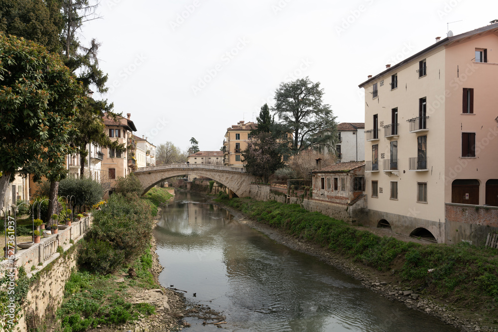 View over the river (Fiume Retrone) in Vicenza (Italy) towards Ponte San Michele