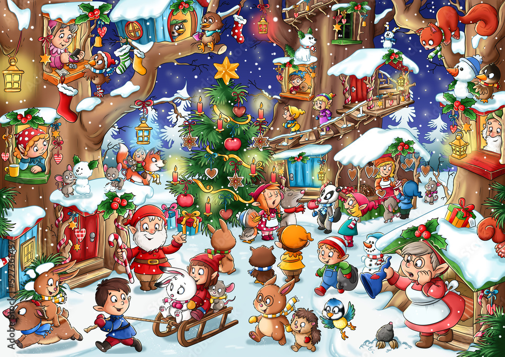Wimmelbild Wichtel feiern gemeinsam Weihnachten ilustración de Stock