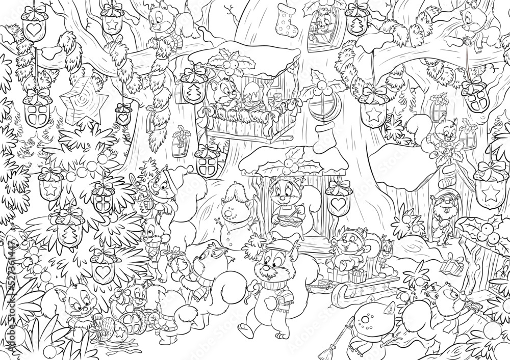 Fototapeta premium Wimmelbild: Eichhörnchen feiern gemeinsam Weihnachten - Vektor Illustration