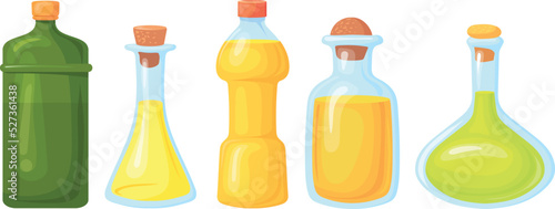 Oil bottles icon. Different salad dressing glass containers