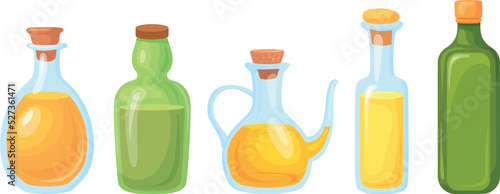 Salad dressing glass bottles. Cartoon virgin oil set
