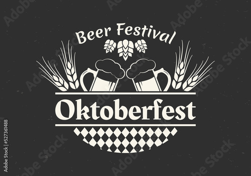 Oktoberfest, beer festival label, logo or badge with beer mug, wheat and malt. Octoberfest emblem. Bavarian brewery fest badge with clinking mugs. Vector illustration.