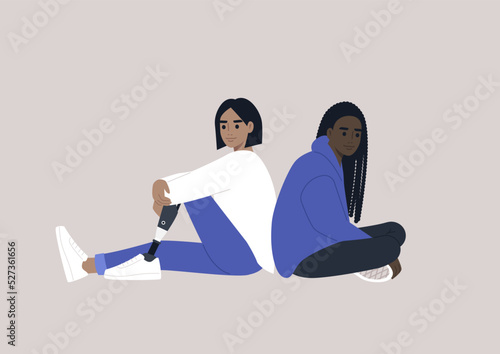 Two young characters sitting back-to-back, relationship difficulties
