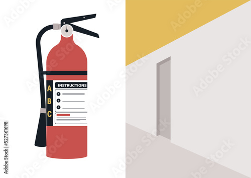 A fire extinguisher hanging on the wall, evacuation plan in emergency situation