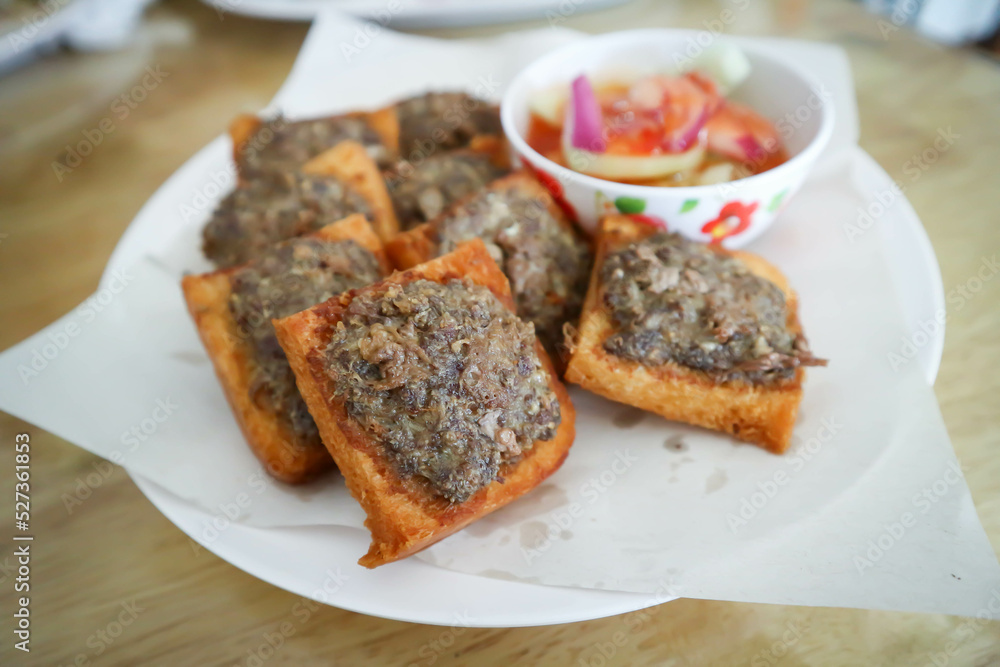 fried bread with minced pork spread or fried bread with minced beef spread fried bread with minced pork spread or fried bread with minced beef spread