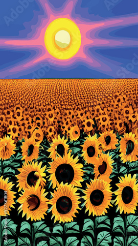 Landscape Of Sunflower fields And blue Sky clouds Background.Sunflower fields landscapes on a bright sunny day with patterns formed in natural background.