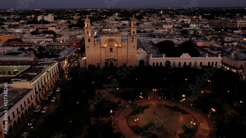 Aerial camera at night showing the front of the Cathedral of Merida, Yucatan, Mexico. photo