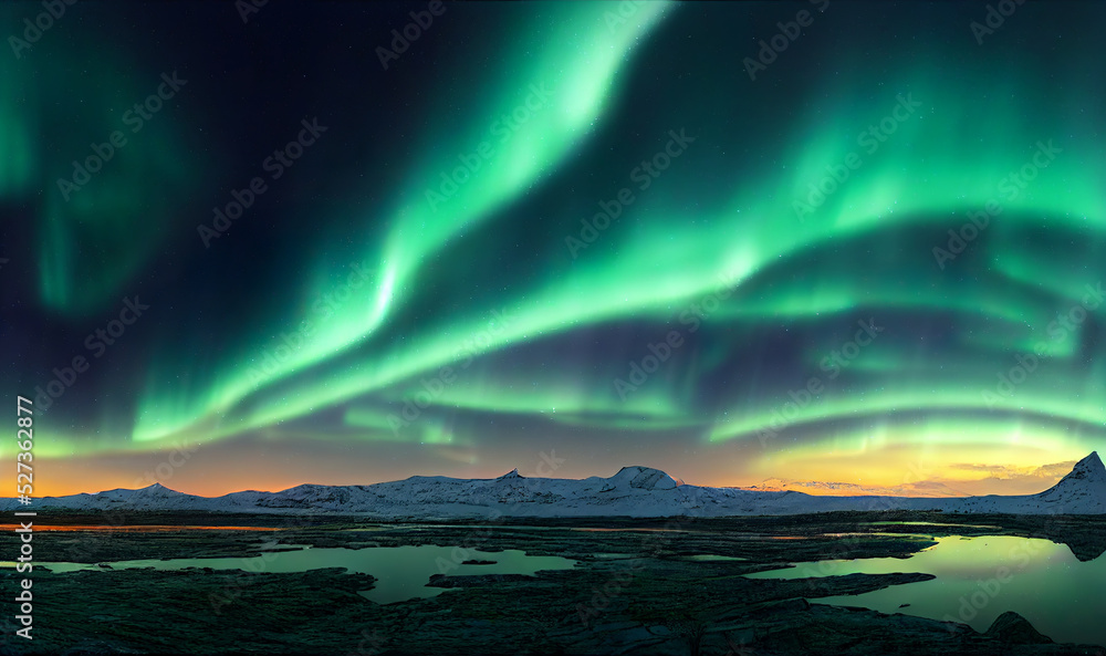 aurora borealis over north sea and arctic snowy mountains, starry night, beautiful calm nature background, 3d render, 3d illustration