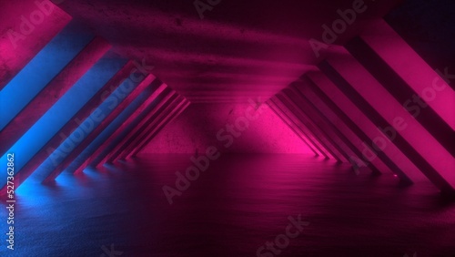 Futuristic Sci Fi Neon Tunnel With Pink And Blue Neon Light. Glowing Colorful Light Coming Through The Corridor. 3D render