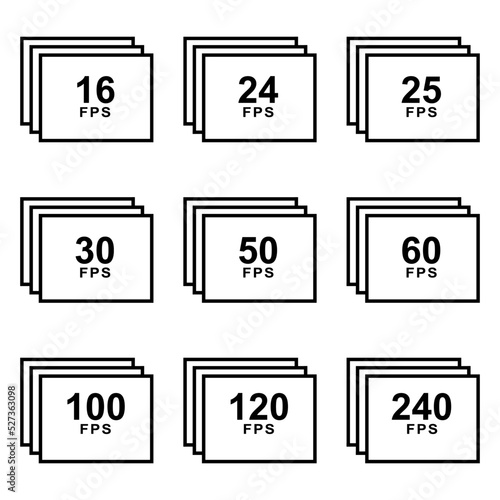 Frames per second vector graphic. FPS for videos. FPS icon for different number of fps.