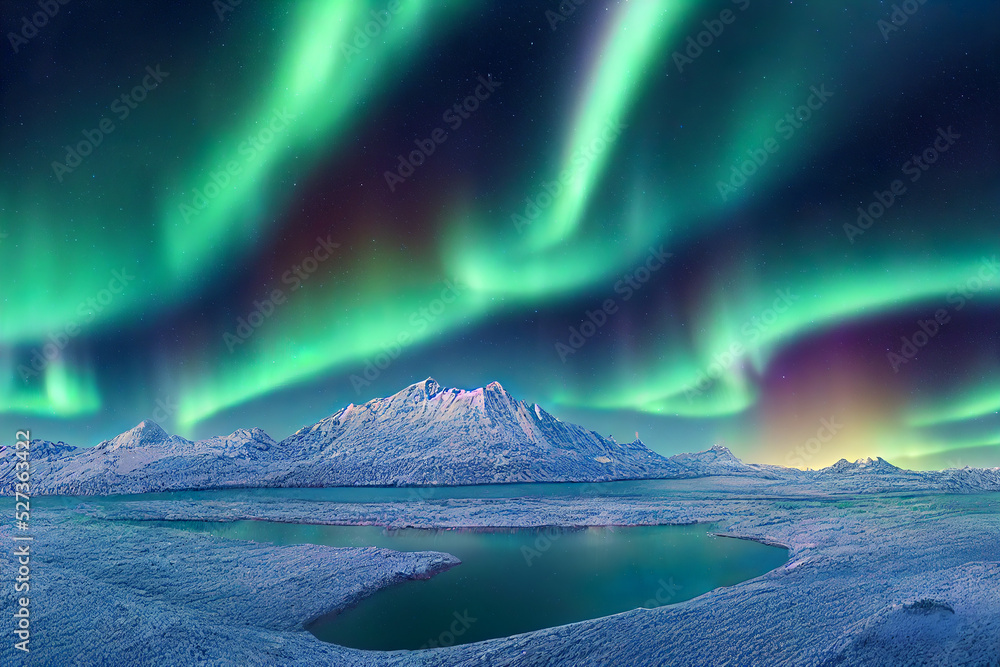 aurora borealis over north sea and arctic snowy mountains, starry night, beautiful calm nature background, 3d render, 3d illustration - obrazy, fototapety, plakaty 