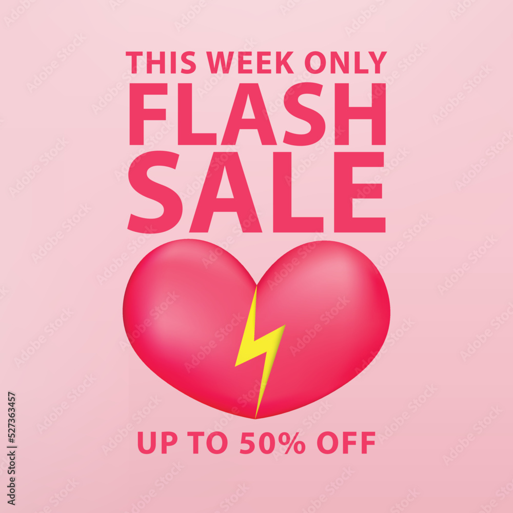 Flash sale banner template design with heart symbol for web or social media.