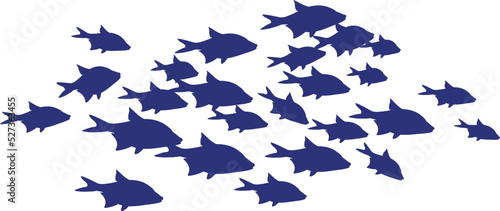 Swimming fish shoal. Blue animal silhouettes underwater