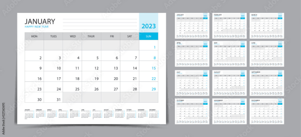 Desk calendar 2023 Set, Monthly calendar template for 2023 year. Week Starts on Sunday. Wall calendar 2023 in a minimalist style, Set of 12 months, Planner, printing template, office organizer vector Desk calendar 2023 Set, Monthly calendar template for 2023 year. Week Starts on Sunday. Wall calendar 2023 in a minimalist style, Set of 12 months, Planner, printing template, office organizer vector