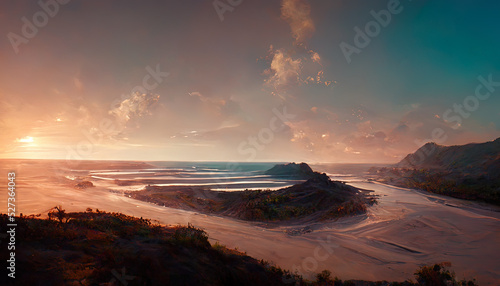 Sea sandy beach, evening, neon sunset, sea landscape, waves. Evening atmosphere by the sea. 3D illustration.