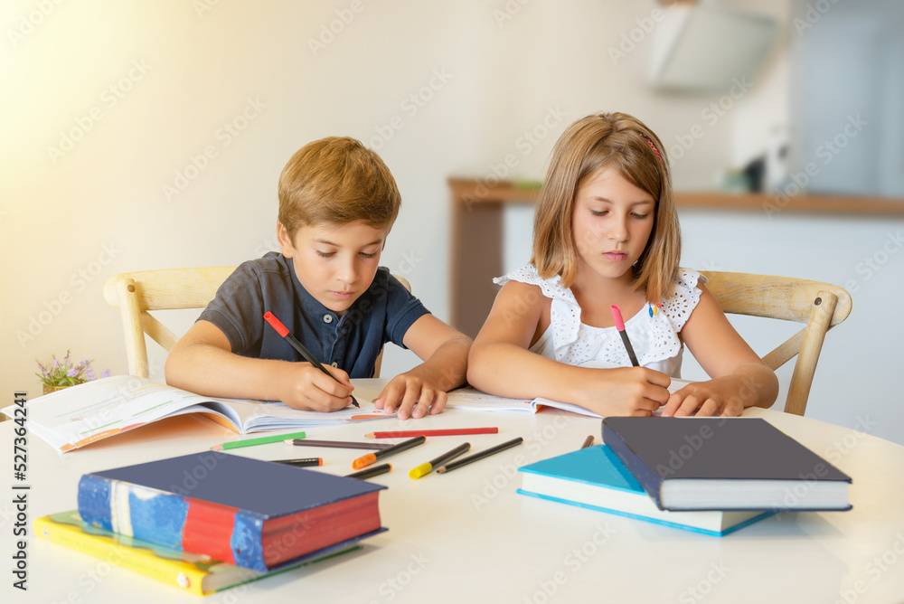 Children concentrating on drawing and studying at home. Kids doing homework in the classroom. Back to school Children concentrating on drawing and studying at home. Kids doing homework in the classroom. Back to school
