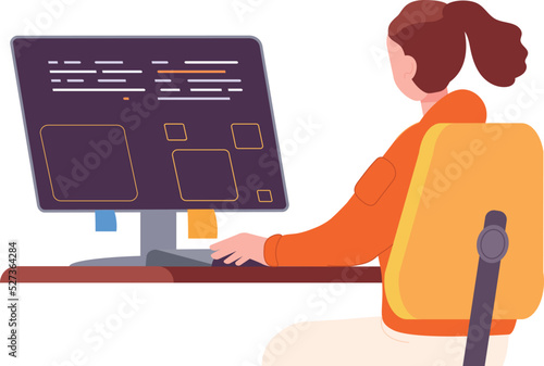 Woman looking on code at computer screen. Programmer working