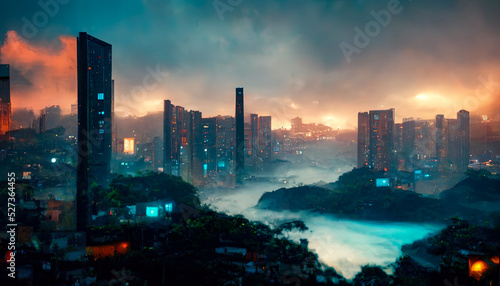 Night cityscape of Rio de Janeiro  mountains  fog  city on the mountains. Neon lights in the city  neon sunset. 3D illustration.