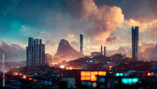 Night cityscape of Rio de Janeiro  mountains  fog  city on the mountains. Neon lights in the city  neon sunset. 3D illustration.