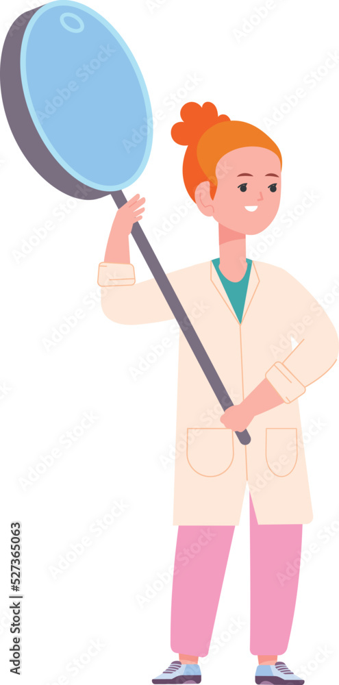 Kid scientist with giant magnifying glass. Girl research Kid scientist with giant magnifying glass. Girl research