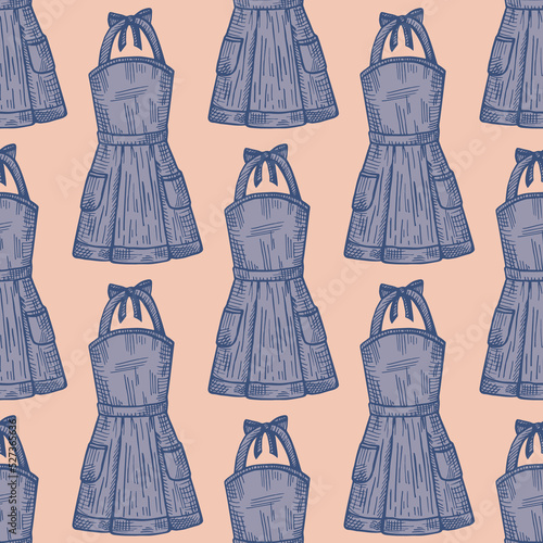 Apron pinafore engraved seamless pattern. Kitchen element for cook in hand drawn style.