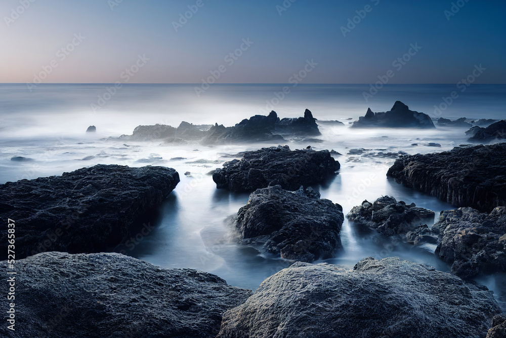 beautiful ocean beach with rocks, long exposure waves, sunset coast background, 3d render, 3d illustration