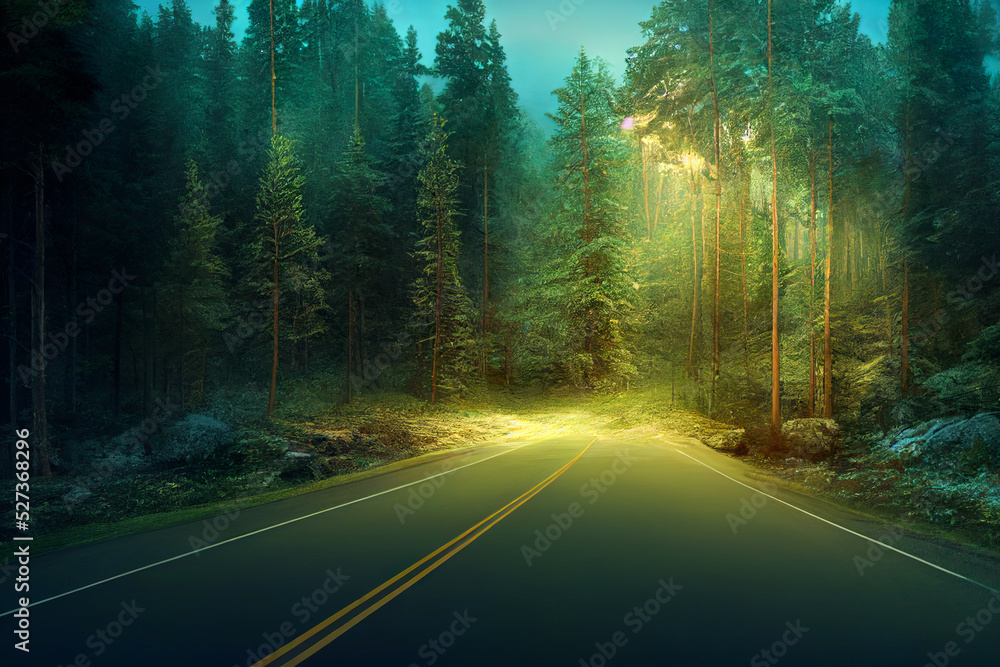 Fototapeta premium road going through the forest, beautiful nature background, volumetric lights, misty calm moody wallpaper, 3d render, 3d illustration