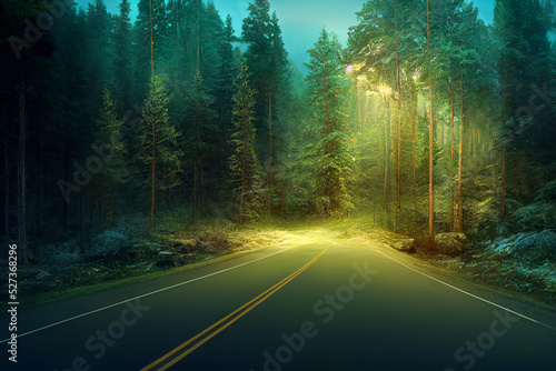 road going through the forest, beautiful nature background, volumetric lights, misty calm moody wallpaper, 3d render, 3d illustration