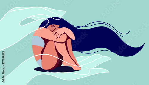vector image on the theme of mental health. a very sad girl needs psychological support. she may be a victim of domestic violence or abuse. helping hands reach out in her. self-doubt, depression