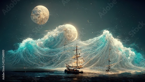 Foto Raster illustration of pirate ship with lowered sails in open sea waters under the light of the moon