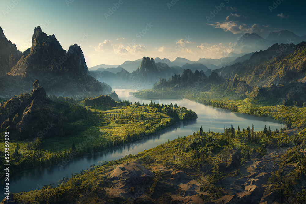 beautiful calm nature landscape background, flowing river, green fields, cloudy sky, green hills and valley, mountains, 3d render, 3d illustration