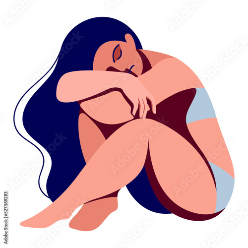 vector illustration on the theme of mental health. very sad girl needs psychological support. girl is sitting on the floor, clasping her knees with her hands. loss of strength, self-doubt, depression