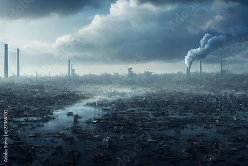 Fotobehang utopian climate change landscape, smoke, industrial background, power plant, 3d