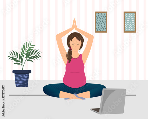 Happy pregnant woman doing yoga exercises online with mobile app, healthy lifestyle concept, domestic life concept, flat vector illustration